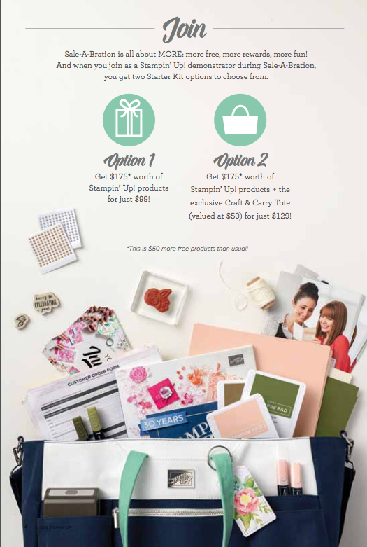There are two awesome options for your Stampin' Up! starter kit during Saleabration. Each give you $175 in product for only $99 and no Free shipping! You can choose to add a $50 tote for only $30 more! Need more info...contact me. www.stampandembellish.com